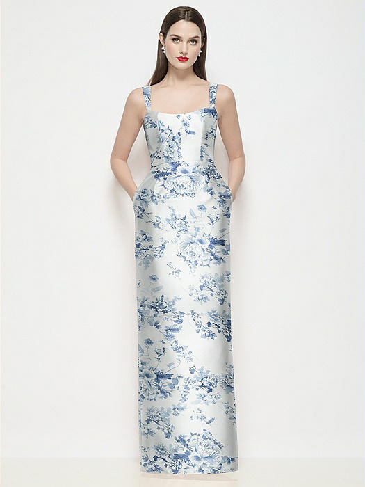 Shaped Strap Basque Neck Floral Satin Maxi Dress with Column Skirt