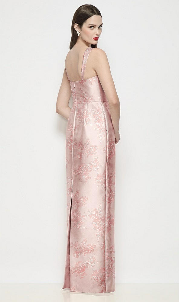 Back View - Bow And Blossom Print Shaped Strap Basque Neck Floral Satin Maxi Dress with Column Skirt