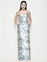 Front View Thumbnail - Cottage Rose Larkspur Shaped Strap Basque Neck Floral Satin Maxi Dress with Column Skirt
