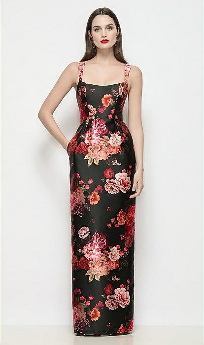 Shaped Strap Basque Neck Fleur De Villes Satin Maxi Bridesmaid Dress With Column Skirt In Wine Black Multi | The Dessy Group Shaped Strap Basque Neck Fleur De Villes Satin Maxi Bridesmaid Dress With Column Skirt In Wine Black Multi | The Dessy Group