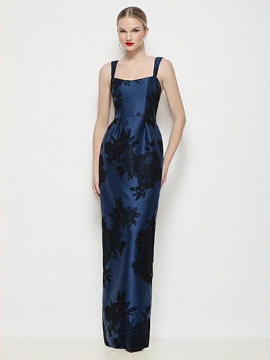 Shaped Strap Basque Neck Flocked Floral Satin Maxi Dress with Column Skirt