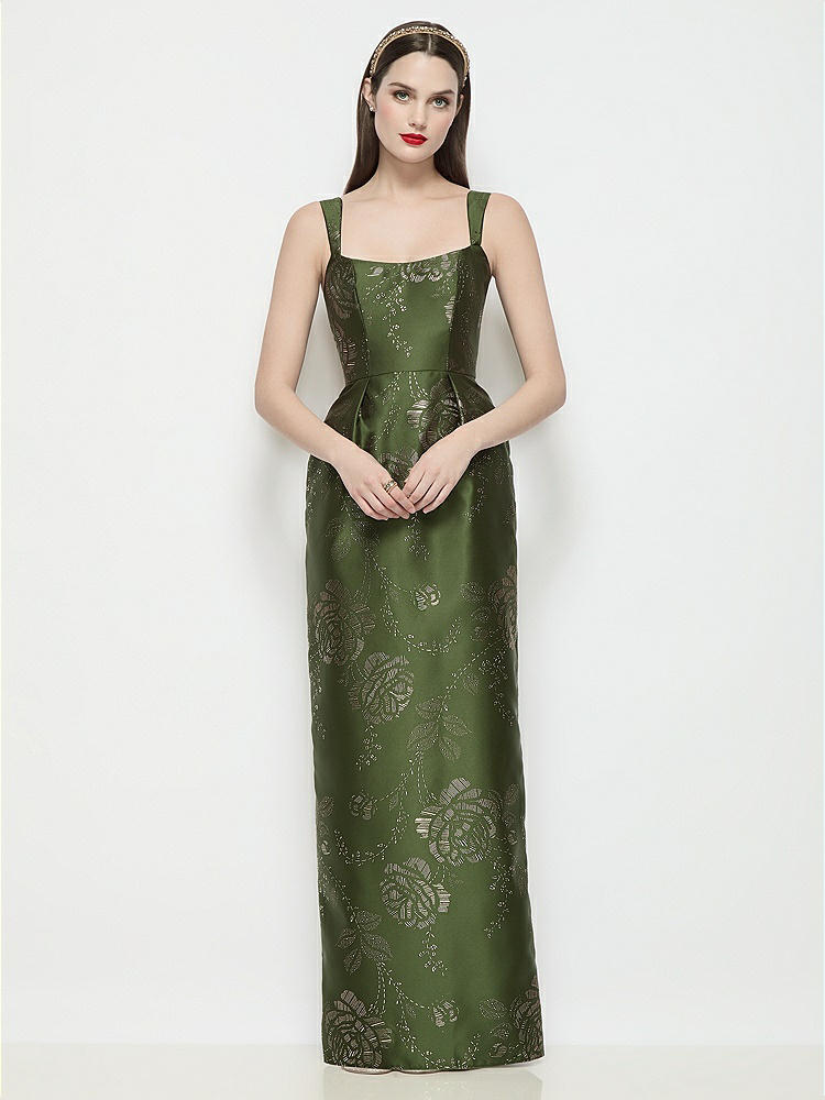 gilt formal dresses Bateau Neck Embossed Floral Satin Maxi Bridesmaid Dress With Pleated Column Skirt In Olive / Gold sweet heart neck wedding dresses