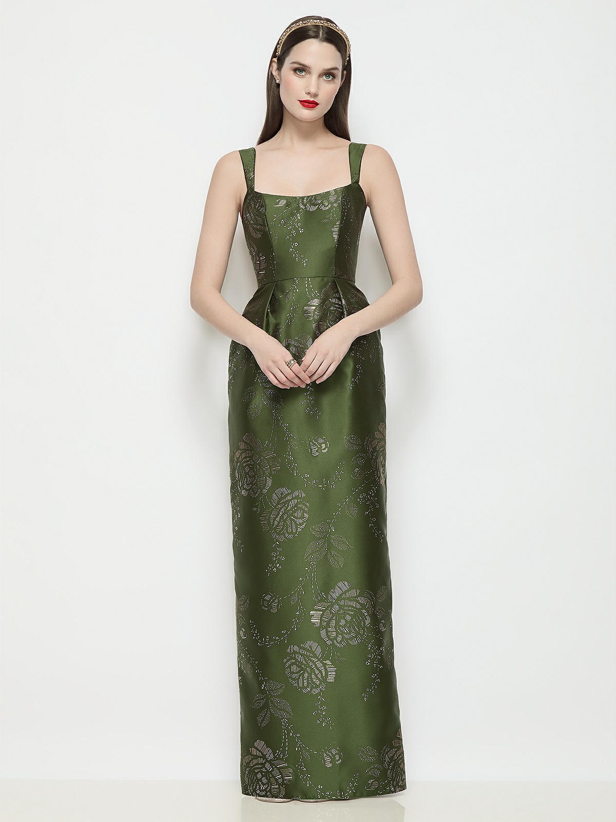 Shaped Strap Basque Neck Embossed Gilt Floral Satin Column Maxi