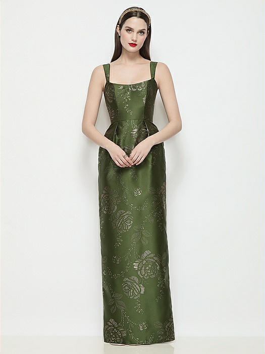 Shaped Strap Basque Neck Embossed Gilt Floral Satin Column Maxi Dress