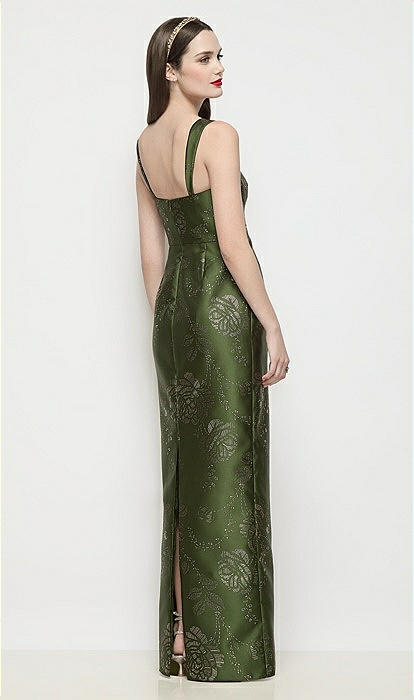 Shaped Strap Basque Neck Embossed Gilt Floral Satin Column Maxi Bridesmaid  Dress In Olive / Gold | The Dessy Group