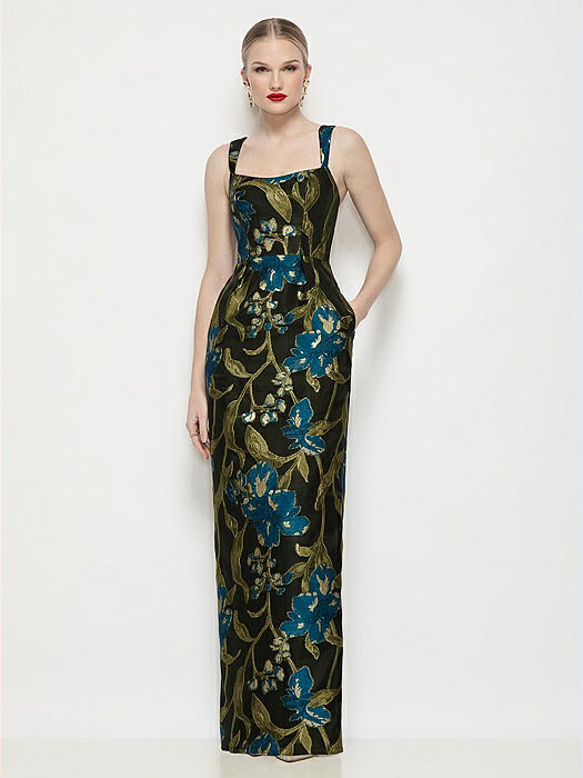 Shaped Strap Basque Neck Luna Organza Jacquard Floral Maxi Dress with Column Skirt