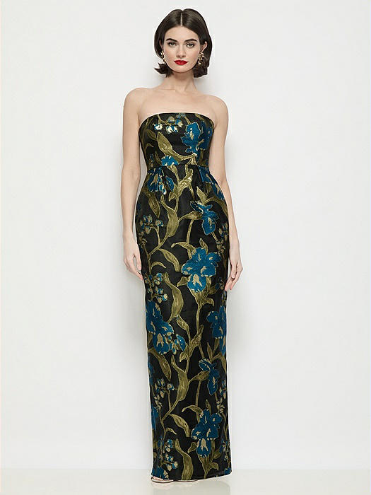 Strapless Luna Organza Jacquard Floral Maxi Dress with Pleated Column Skirt
