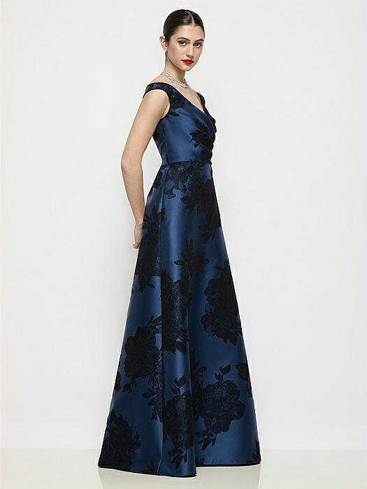 Off-the-Shoulder Pleated Crossover Flocked Floral Satin A-Line Maxi Dress