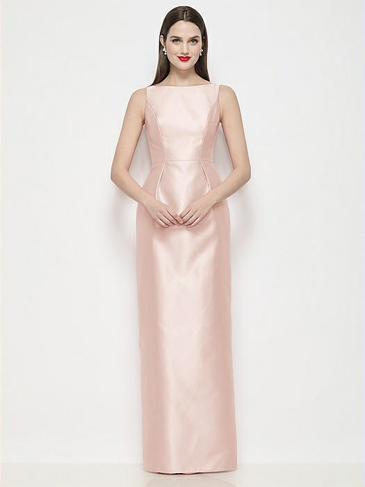 Bateau Neck Satin Maxi Dress with Pleated Column Skirt