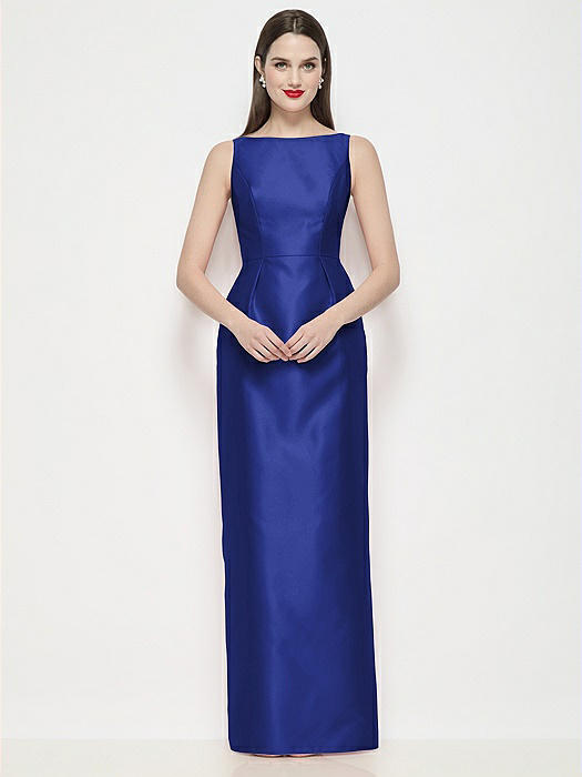 Bateau Neck Satin Maxi Dress with Pleated Column Skirt