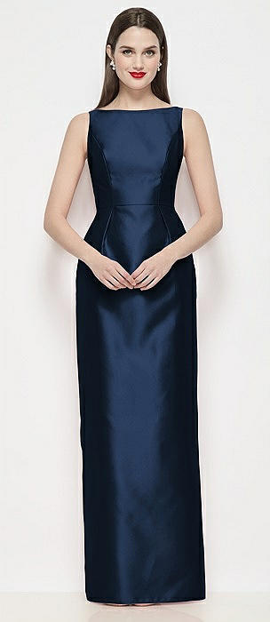 Bateau Neck Satin Maxi Dress with Pleated Column Skirt