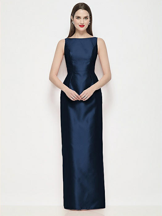 Bateau Neck Satin Maxi Dress with Pleated Column Skirt