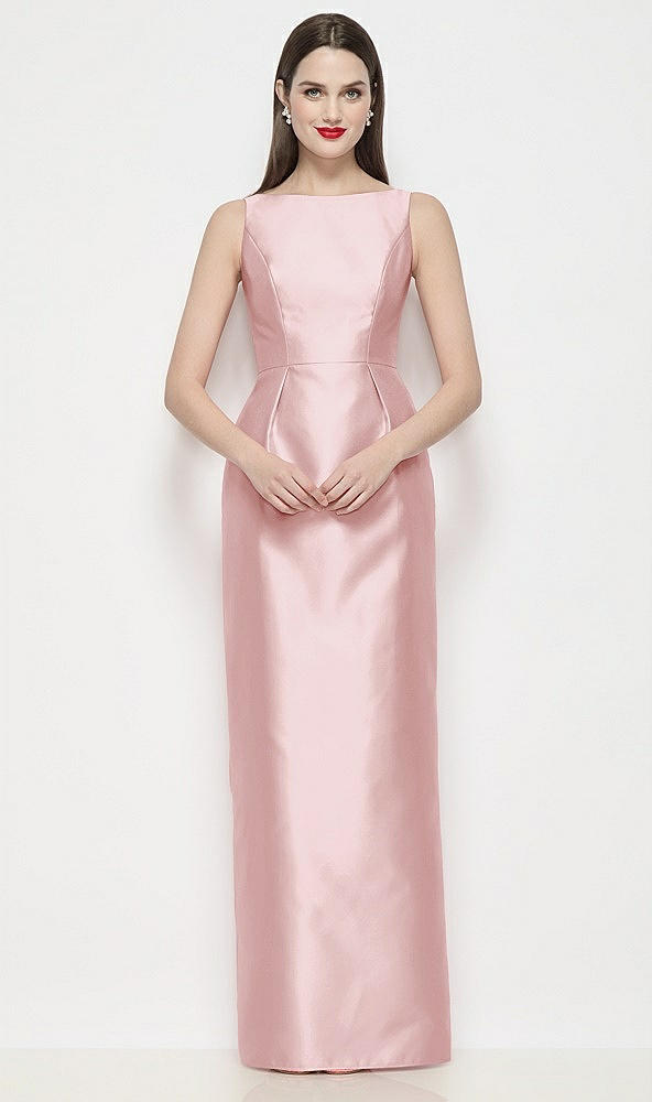 Front View - Ballet Pink Bateau Neck Satin Maxi Dress with Pleated Column Skirt