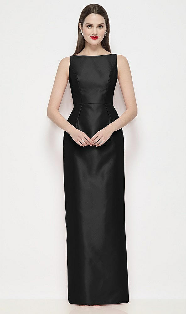 Front View - Black Bateau Neck Satin Maxi Dress with Pleated Column Skirt