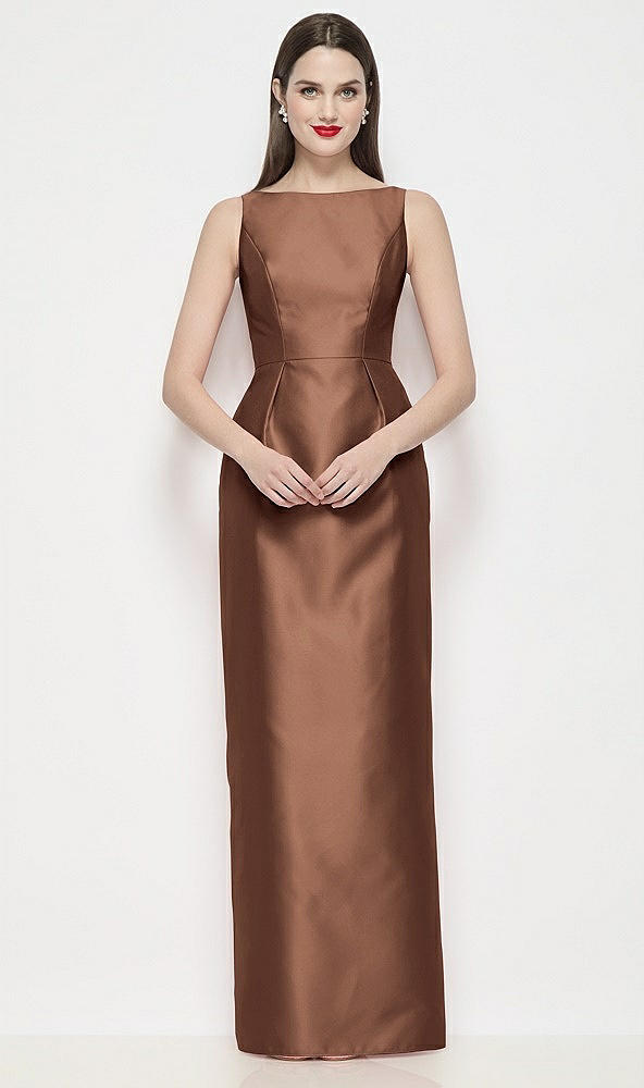 Front View - Cognac Bateau Neck Satin Maxi Dress with Pleated Column Skirt