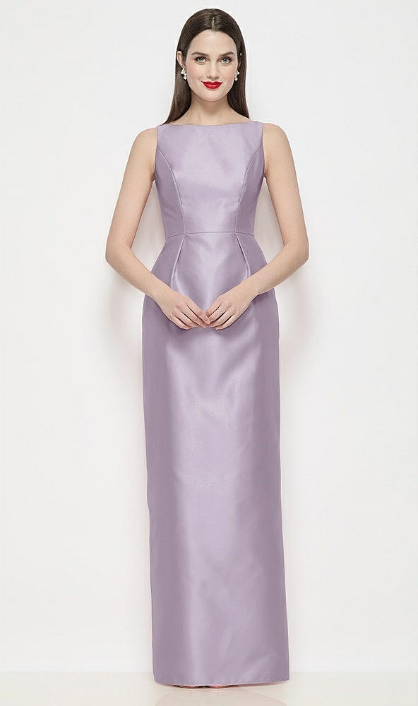 Front View - Lilac Haze Bateau Neck Satin Maxi Dress with Pleated Column Skirt