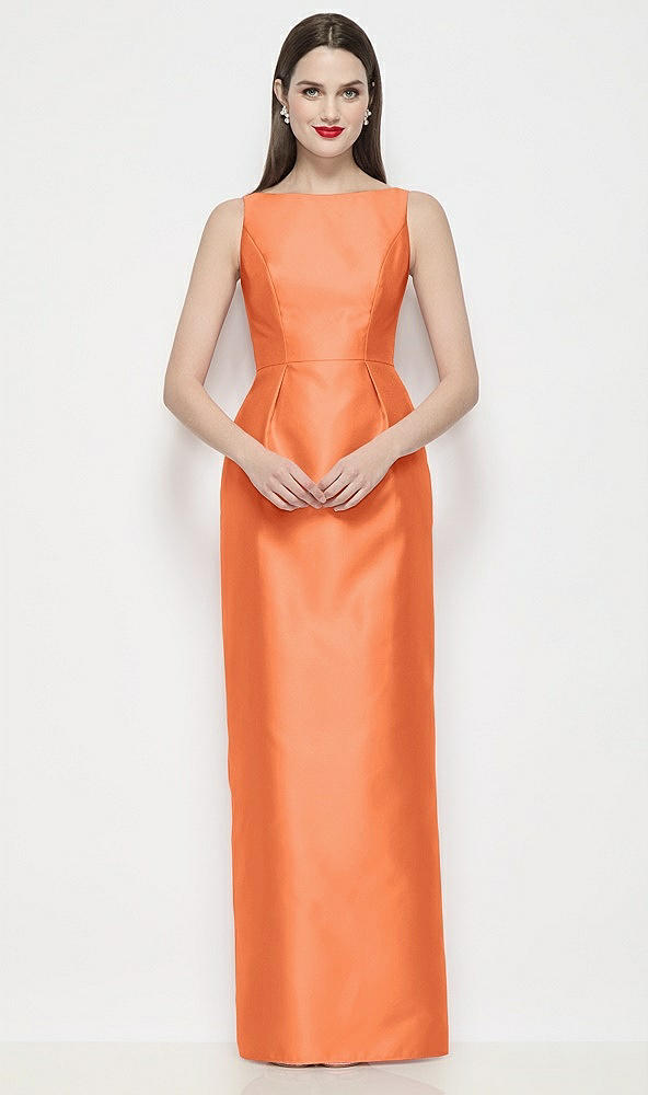 Front View - Portofino Orange Bateau Neck Satin Maxi Dress with Pleated Column Skirt