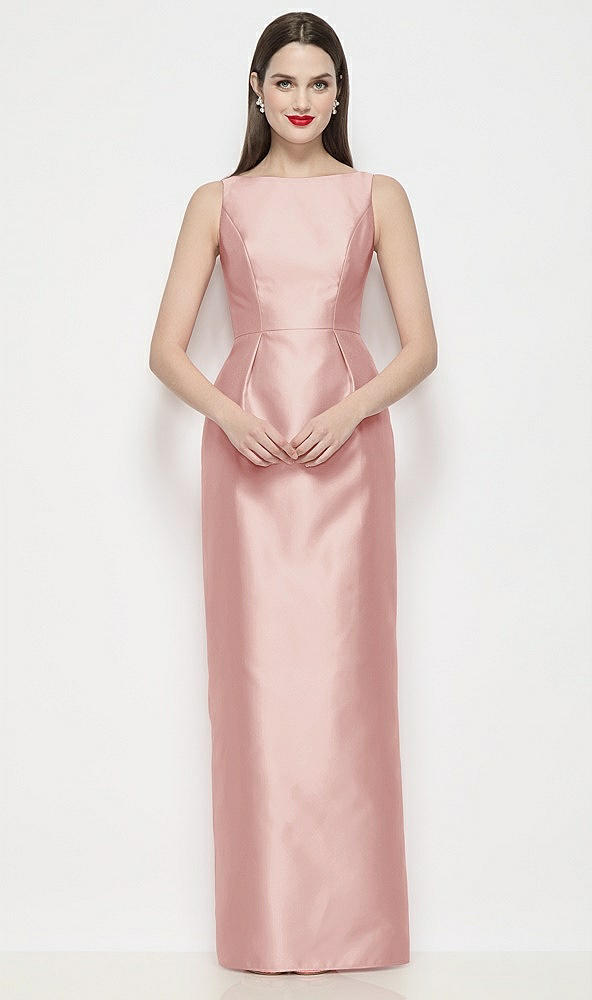 Front View - Rose Bateau Neck Satin Maxi Dress with Pleated Column Skirt