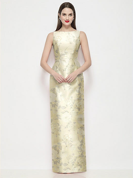 Bateau Neck Floral Satin Maxi Dress with Pleated Column Skirt