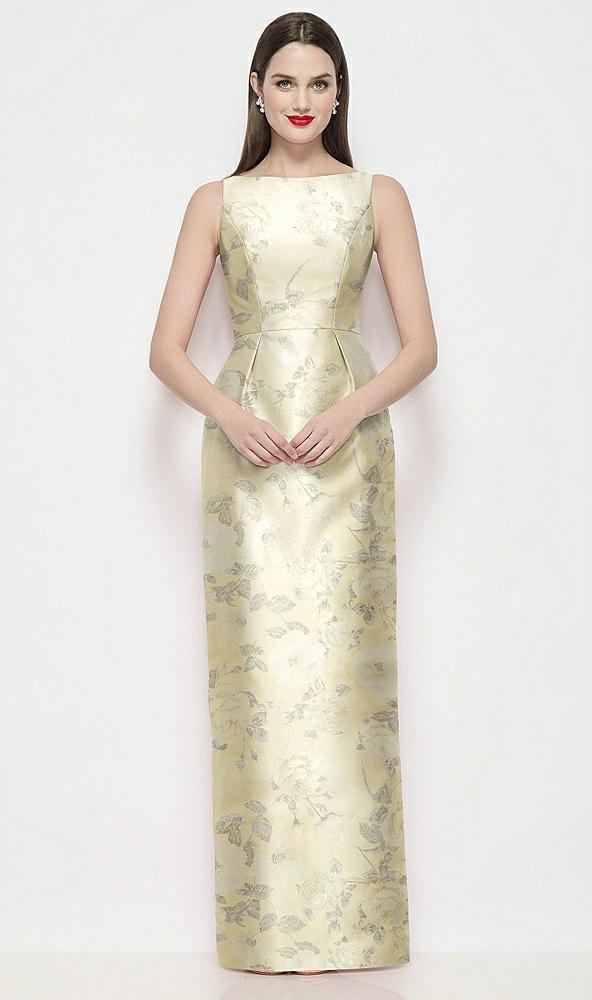 Front View - Butter Yellow Floral Bateau Neck Floral Satin Maxi Dress with Pleated Column Skirt
