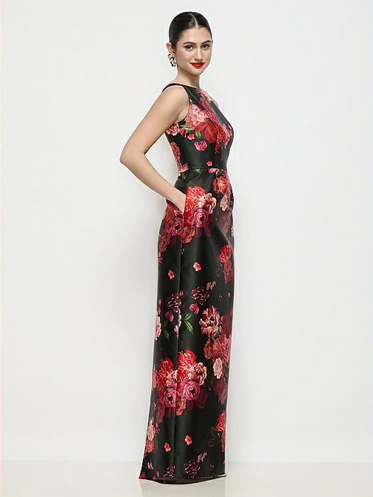 Bateau Neck Fleur de Villes Satin Maxi Dress with Pleated Column Skirt