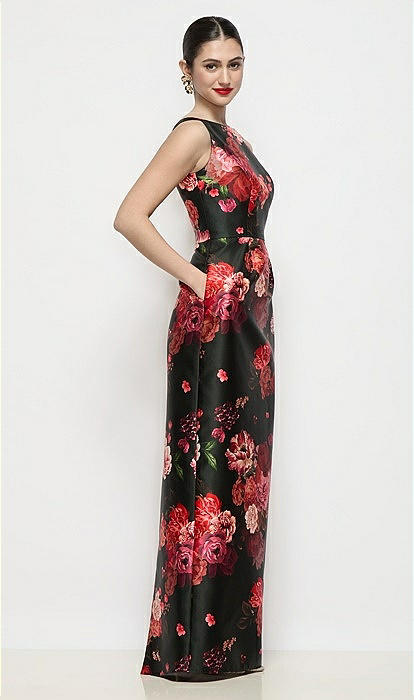 Bateau Neck Fleur de Villes Satin Maxi Dress with Pleated Column Skirt