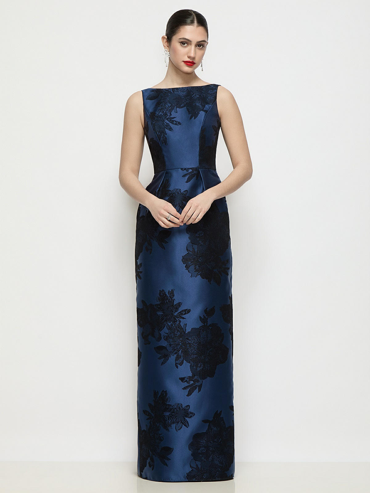 navy floral evening dress Navy Long Sleeve Floral Embellished Evening Gown