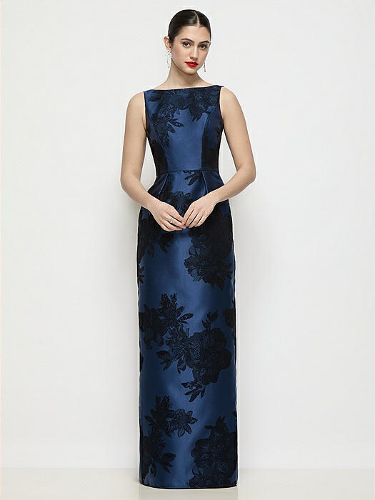 Bateau Neck Flocked Floral Satin Maxi Dress with Pleated Column Skirt