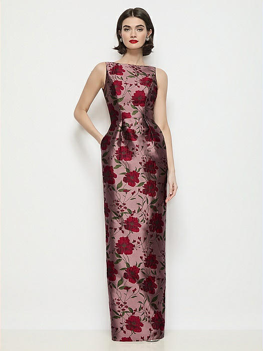 Bateau Neck Wild Rose Brocade Floral Maxi Dress with Pleated Column Skirt