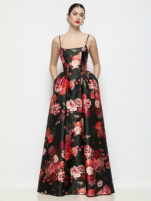 Scoop Neck Drop Basque Skirt Fleur de Villes Satin Maxi Dress with Pockets