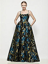 Front View Thumbnail - Peacock Blue Multi Scoop Neck Drop Basque Skirt Luna Organza Jacquard Floral Maxi Dress