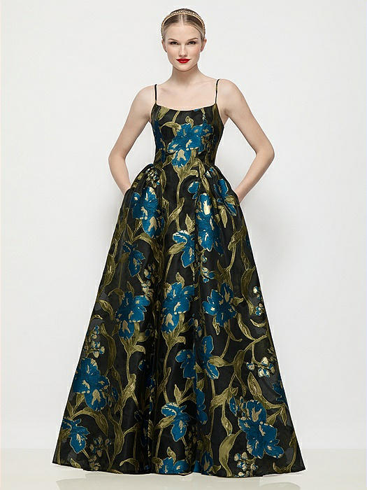 Scoop Neck Drop Basque Skirt Luna Organza Jacquard Floral Maxi Dress