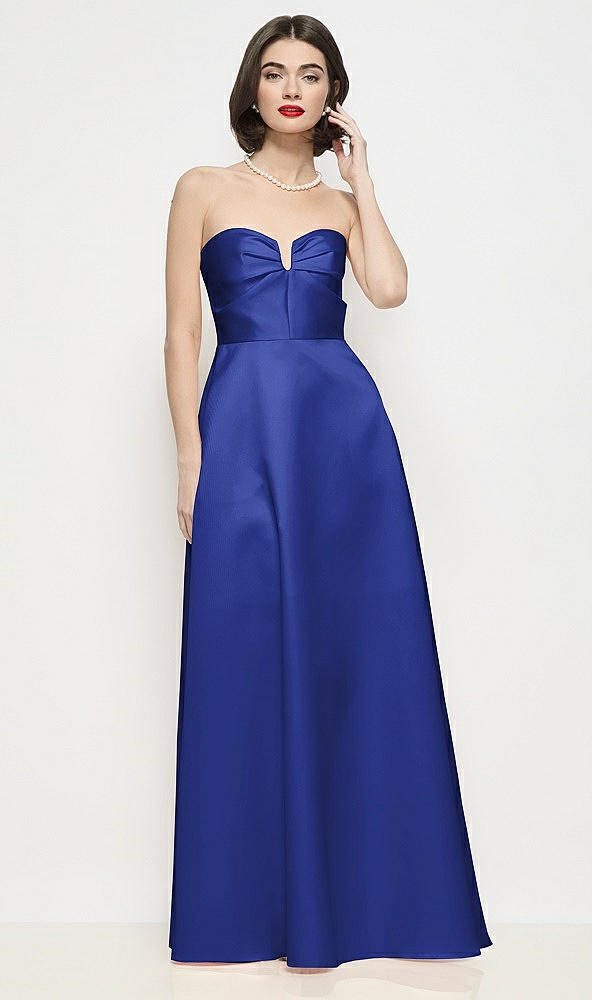 Front View - Cobalt Blue Strapless Pleated U-Wire Satin Maxi Dress with Semi Circle Skirt