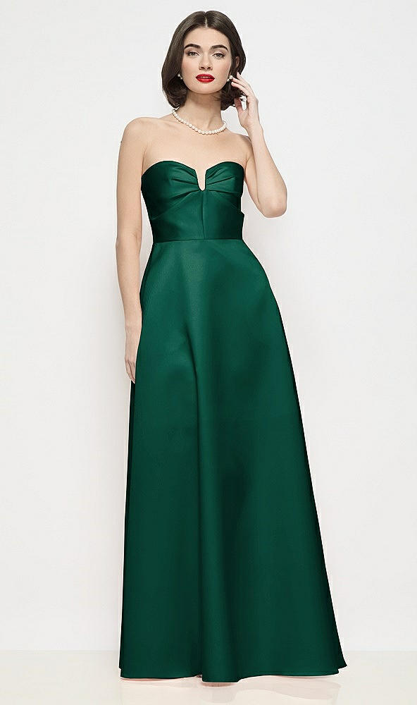 Front View - Hunter Green Strapless Pleated U-Wire Satin Maxi Dress with Semi Circle Skirt