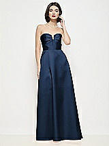 Front View Thumbnail - Midnight Navy Strapless Pleated U-Wire Satin Maxi Dress with Semi Circle Skirt