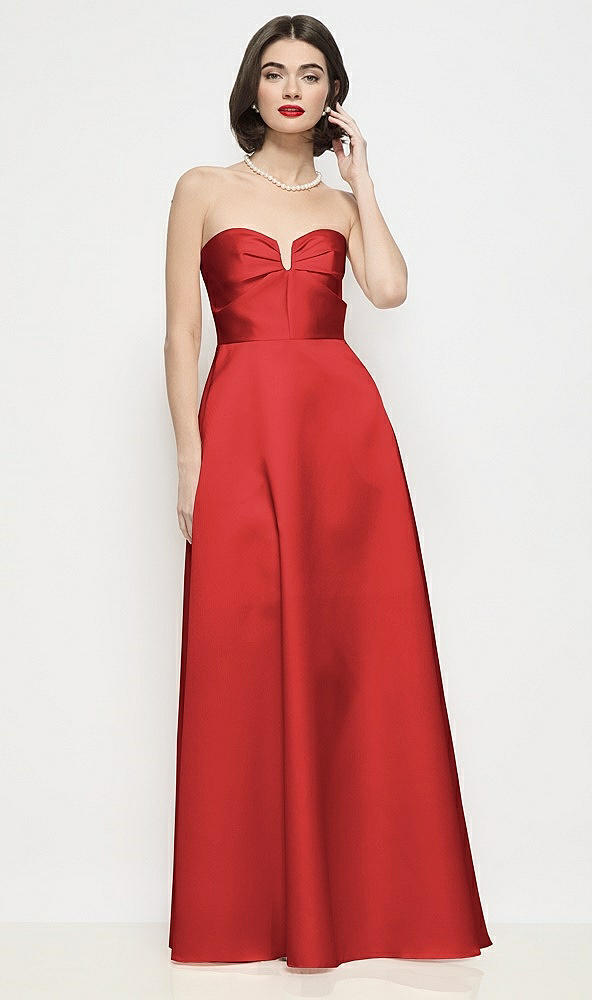 Front View - Poppy Red Strapless Pleated U-Wire Satin Maxi Dress with Semi Circle Skirt