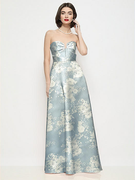 Strapless Pleated U-Wire Floral Satin Maxi Dress with Semi Circle Skirt