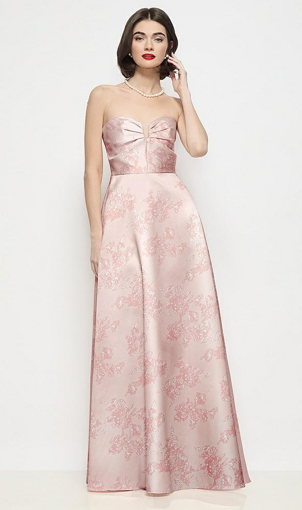 Front View - Bow And Blossom Print Strapless Pleated U-Wire Floral Satin Maxi Dress with Semi Circle Skirt