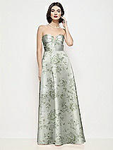 Front View Thumbnail - Sage Cottage Rose Strapless Pleated U-Wire Floral Satin Maxi Dress with Semi Circle Skirt