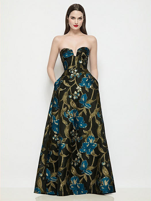 Strapless Pleated U-Wire Organza Jacquard Floral Maxi Dress with Semi Circle Skirt