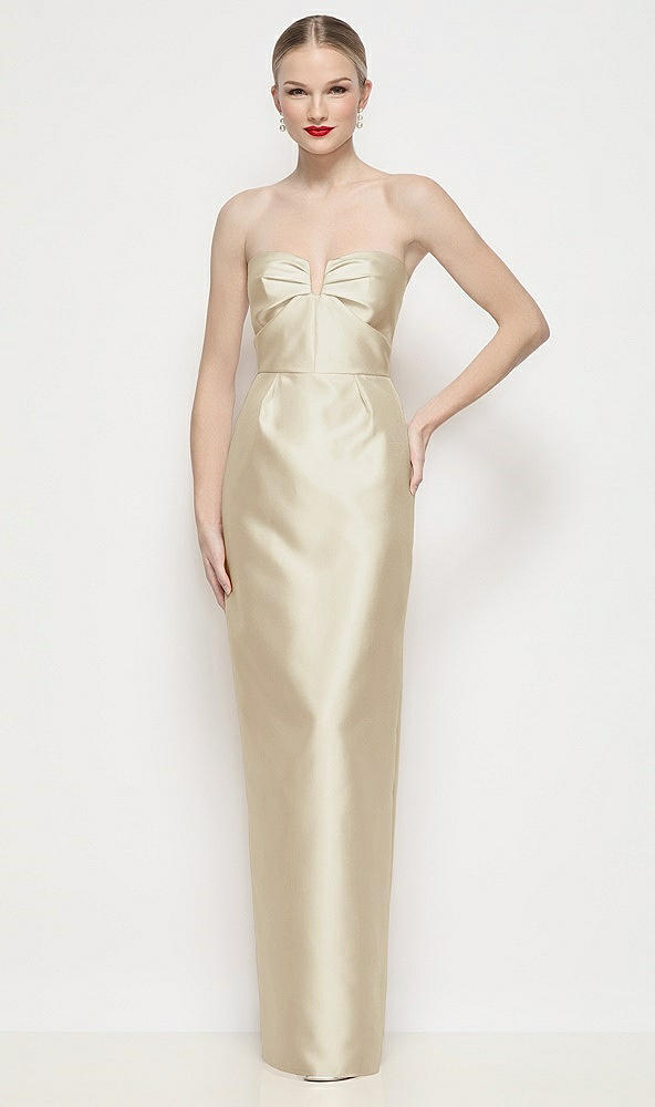 Front View - Champagne Strapless Pleated U-Wire Satin Column Maxi Dress
