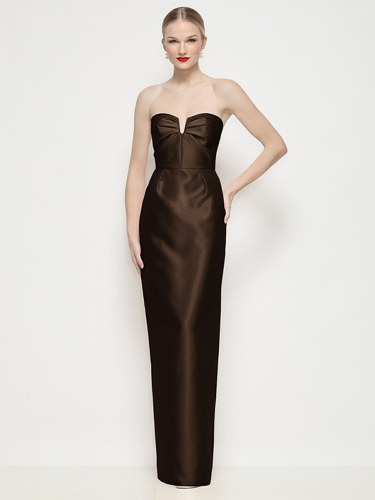 Strapless Pleated U-wire Satin Column Maxi Bridesmaid Dress In Espresso
