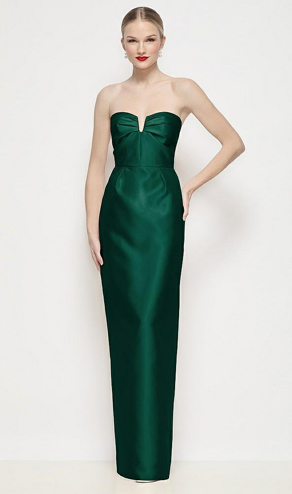 Front View - Hunter Green Strapless Pleated U-Wire Satin Column Maxi Dress