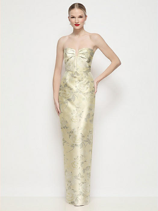Strapless Pleated U-Wire Floral Satin Column Maxi Dress