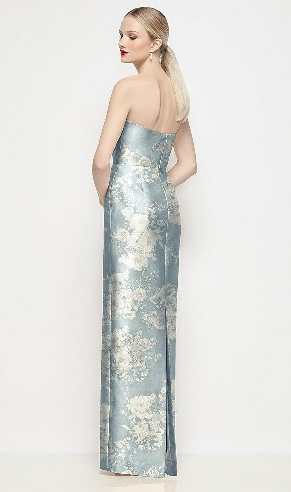Back View - Porcelain Blue Seraphina Floral Strapless Pleated U-Wire Floral Satin Column Maxi Dress