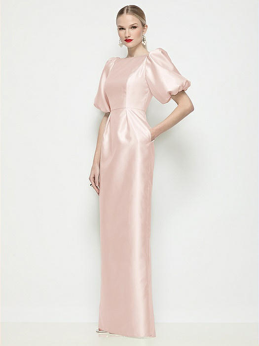 Bateau Neck Satin Column Maxi Dress with Puff Sleeves