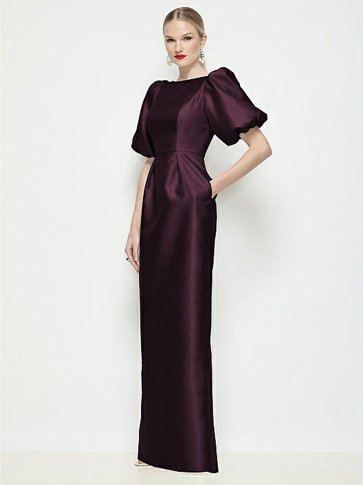 Bateau Neck Satin Column Maxi Dress with Puff Sleeves