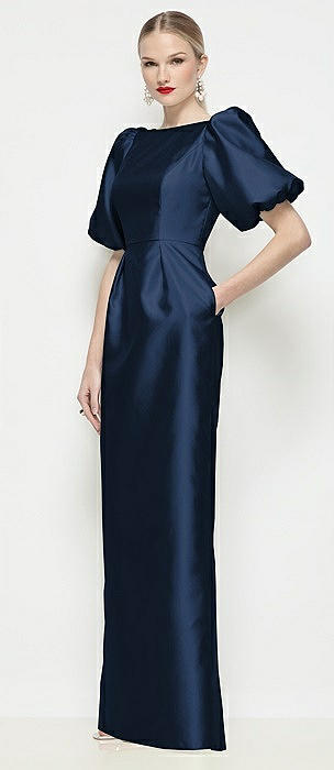 Bateau Neck Satin Column Maxi Dress with Puff Sleeves