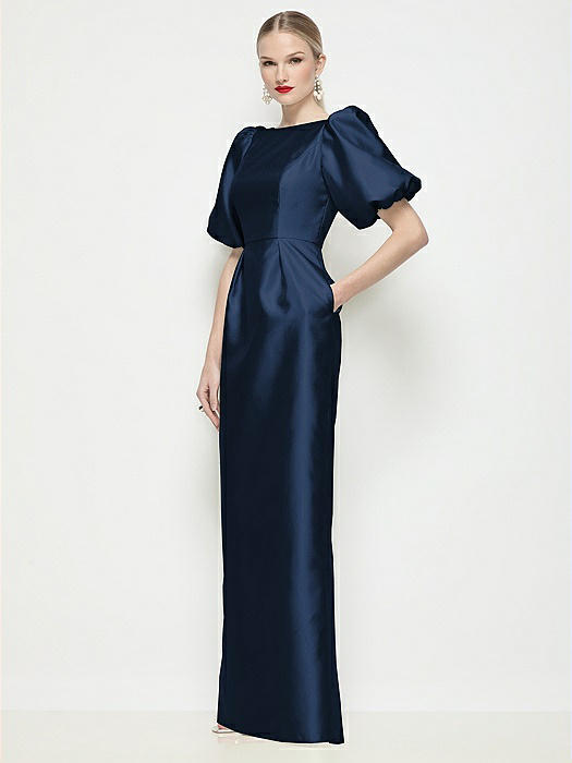 Bateau Neck Satin Column Maxi Dress with Puff Sleeves