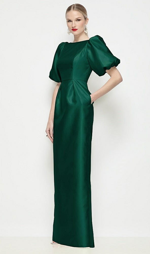 Front View - Hunter Green Bateau Neck Satin Column Maxi Dress with Puff Sleeves